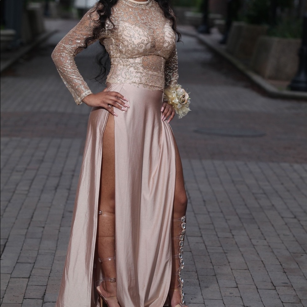 chanpagne/ gold prom dress